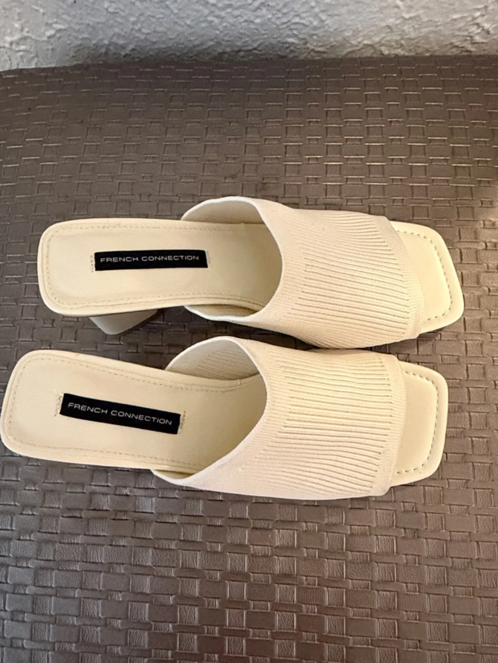 French Connection Beige Ribbed Open-Toe Block Heel Mules - Picture 4 of 4